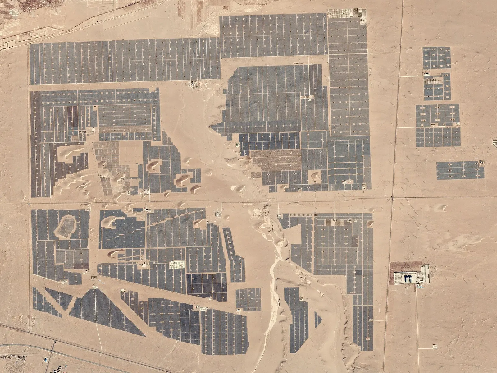 Satellite view of solar farms at Golmud, Qinghai, China