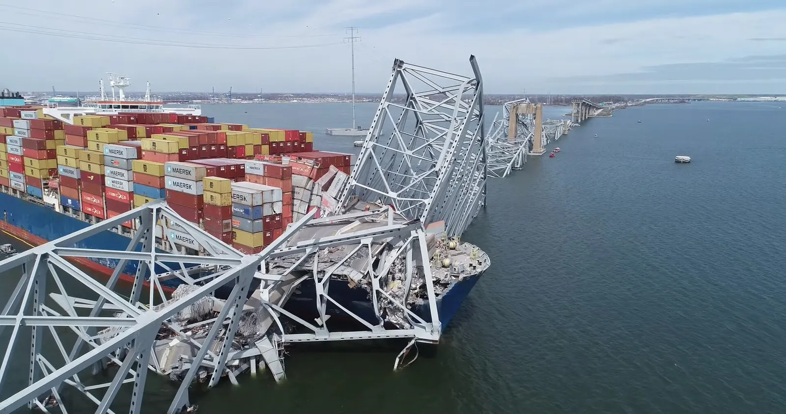 The collapsed Francis Scott Key Bridge and the cargo ship Dali, Baltimore