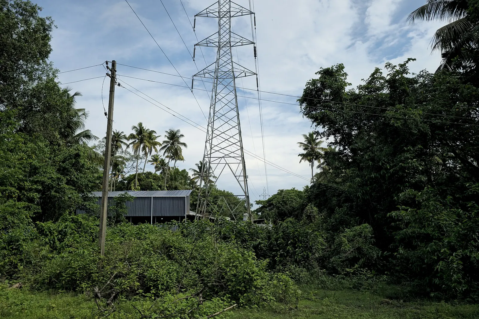 A high-voltage transmission tower in Kerala, India